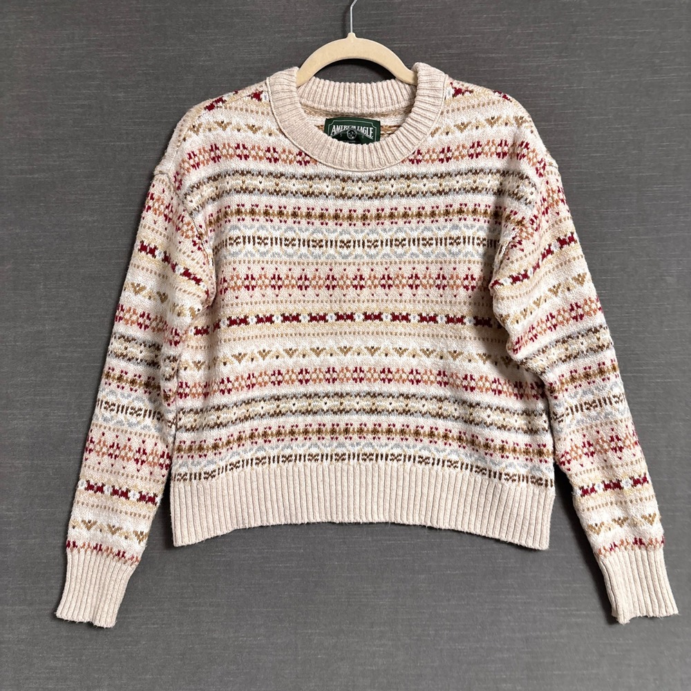 American Eagle Sweater XS Cream Fair Isle Cotton Blend Crew Neck Pullover Fall